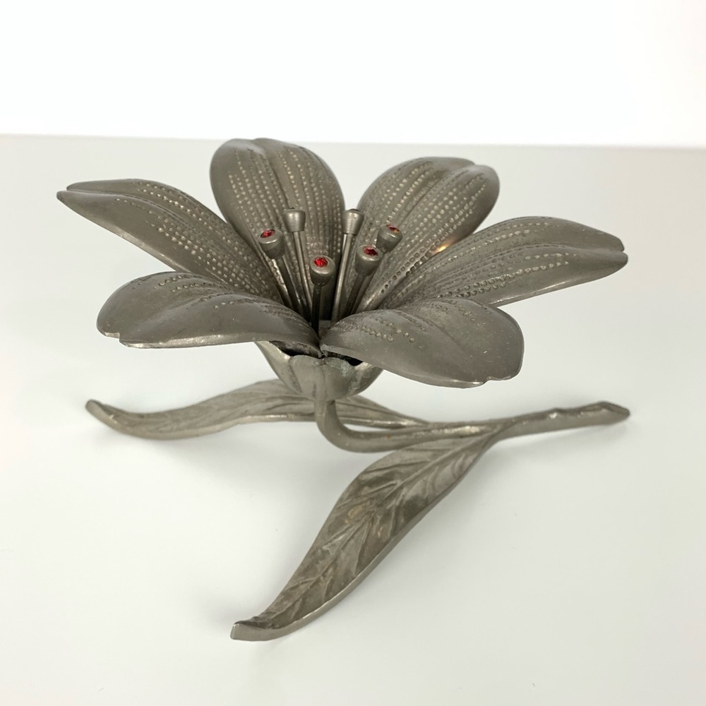 Silver Toned Lotus Flower Party Ashtray Removable Petals Red Jewel Vtg Metal MCM